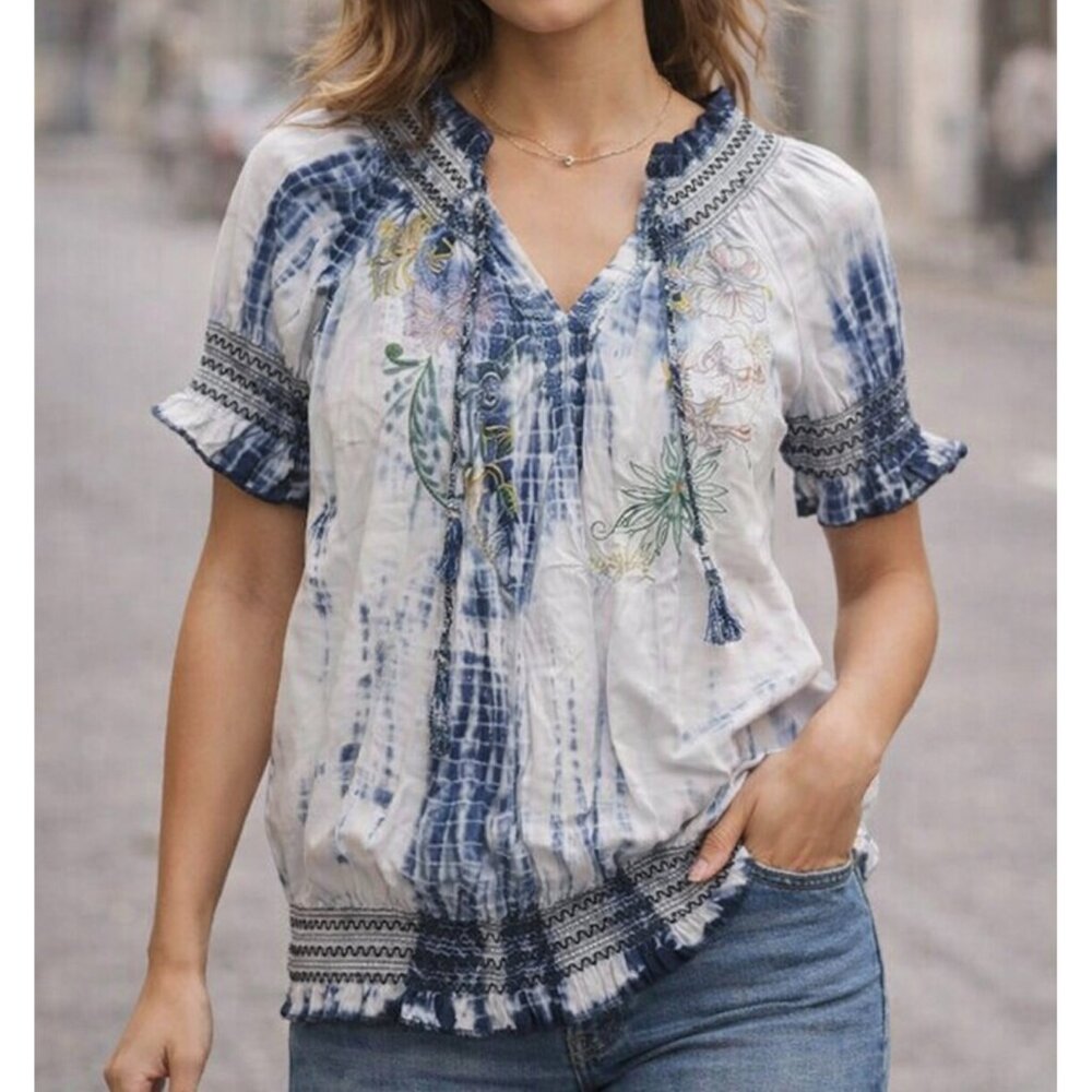 Desigual Tie Dye Ombre Smocked Embroidered Peasant Top Puff Sleeves Boho Size L